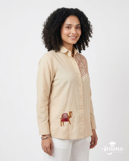 Ramana Camel Caravan Embroidered Cotton Shirt for Women | Premium Designer Wear India