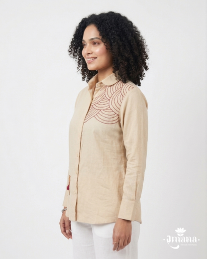 Ramana Camel Caravan Embroidered Cotton Shirt for Women | Premium Designer Wear India