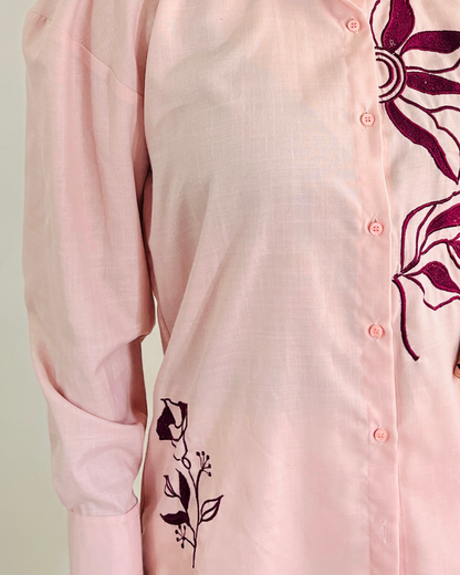 Ramana Floral Pink Embroidered Cotton Shirt for Women | Premium Cotton Shirt