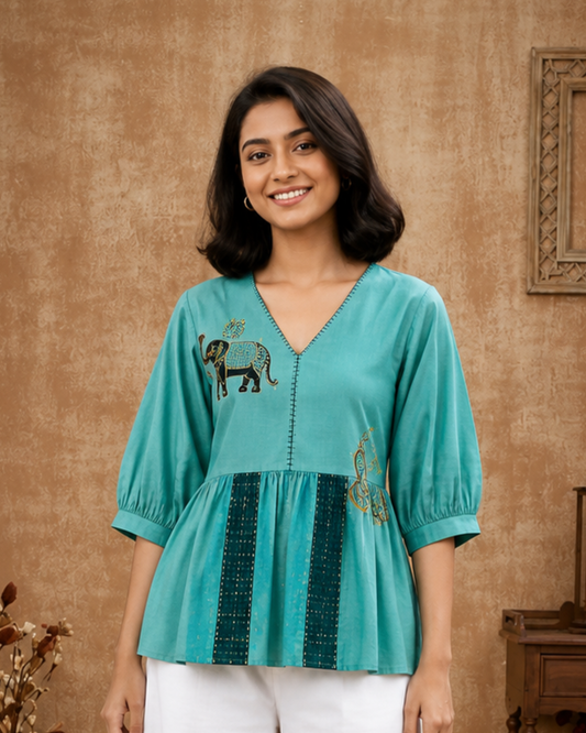 Ramana Hand-Painted Peacock & Elephant Peplum Top