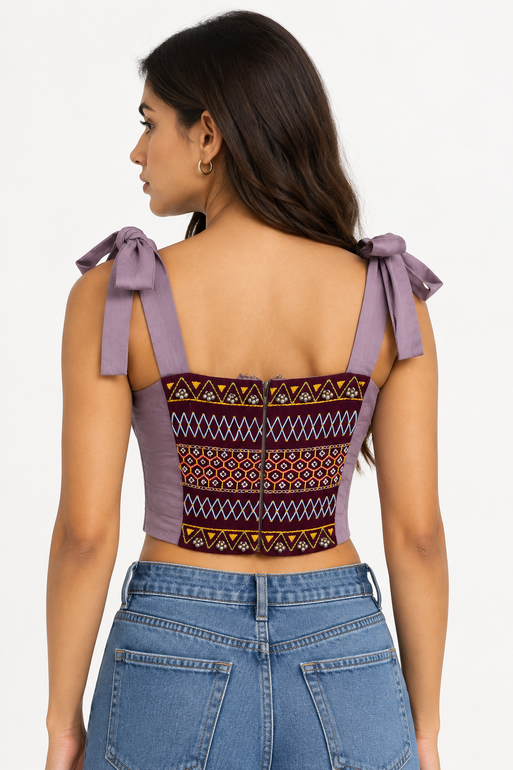 Purple Navratri Embroidered Blouse with Mirror & Thread Work