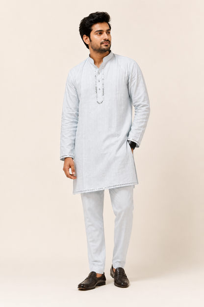 Men's Ice Blue Embroidered Cotton Kurta Pajama Set | Ramana Threads of Purity