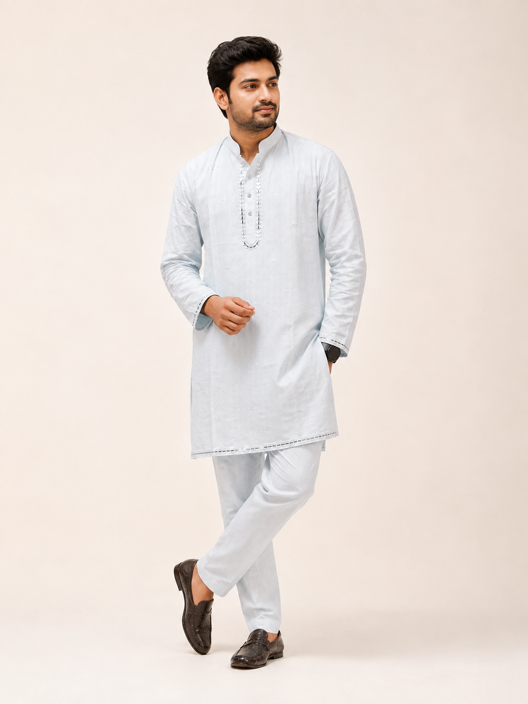 Men's Ice Blue Embroidered Cotton Kurta Pajama Set | Ramana Threads of Purity