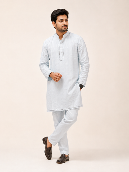 Men's Ice Blue Embroidered Cotton Kurta Pajama Set | Ramana Threads of Purity