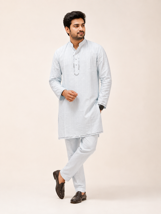 Men's Ice Blue Embroidered Cotton Kurta Pajama Set | Ramana Threads of Purity