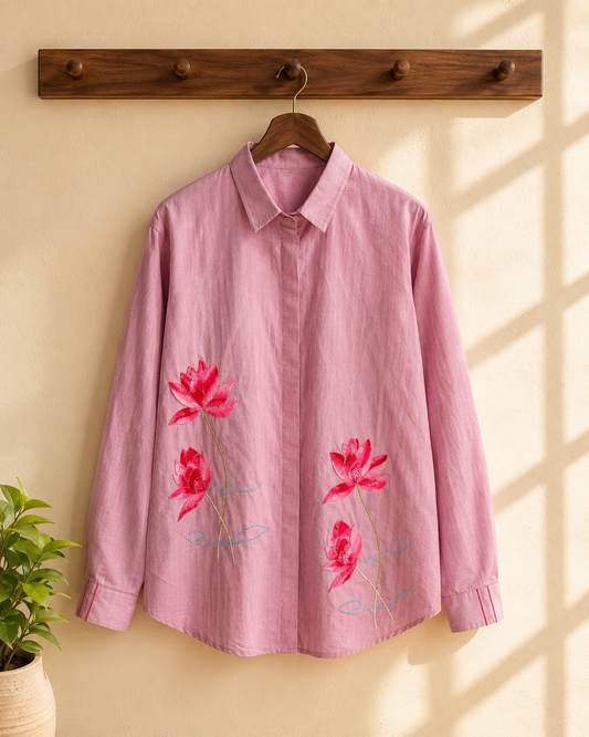 Ramana Lavender Bloom Embroidered Cotton Shirt for Women | Floral Designer Wear India