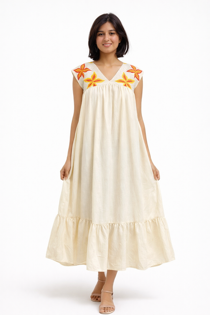 Ramana Handcrafted Khadi Cotton Embroidered Maxi Dress for Women | Ivory Bloom