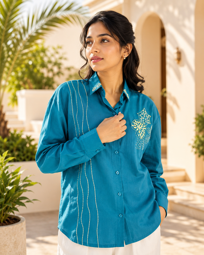 Ramana Aqua Roma Embroidered Cotton Shirt – Elegant Women’s Wear
