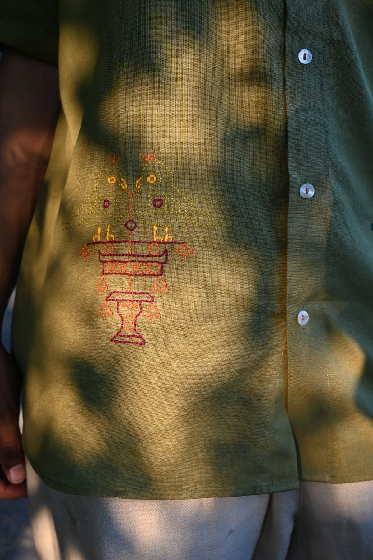 Olive Green Hand-Embroidered Love Birds Shirt – Unisex Cotton Oversized Shirt | Ramana – Threads of Purity