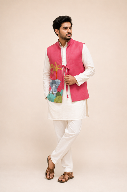 Gajraj Heritage Hand-Painted Magenta Nehru Jacket with Ivory Kurta Set