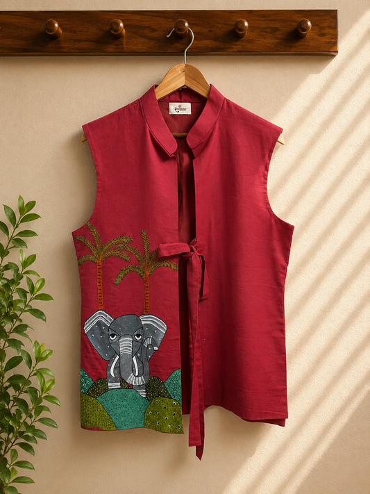 Elephant Hand-Painted & Hand-Embroidered Linen Jacket | Artisan Wrap Jacket | Ramana Threads of Purity