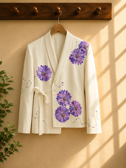 Lilac Floral Hand-Painted Armani Fabric Jacket | Premium Women's Wrap Jacket | Ramana Threads of Purity