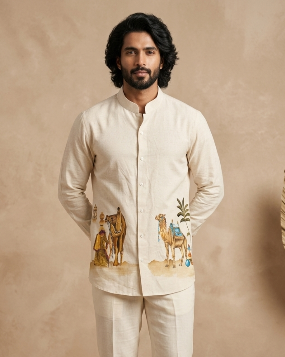 Raikani Off-White Hand-Painted Camel Linen Shirt | Artisan Handcrafted Men's Shirt | Ramana Threads of Purity