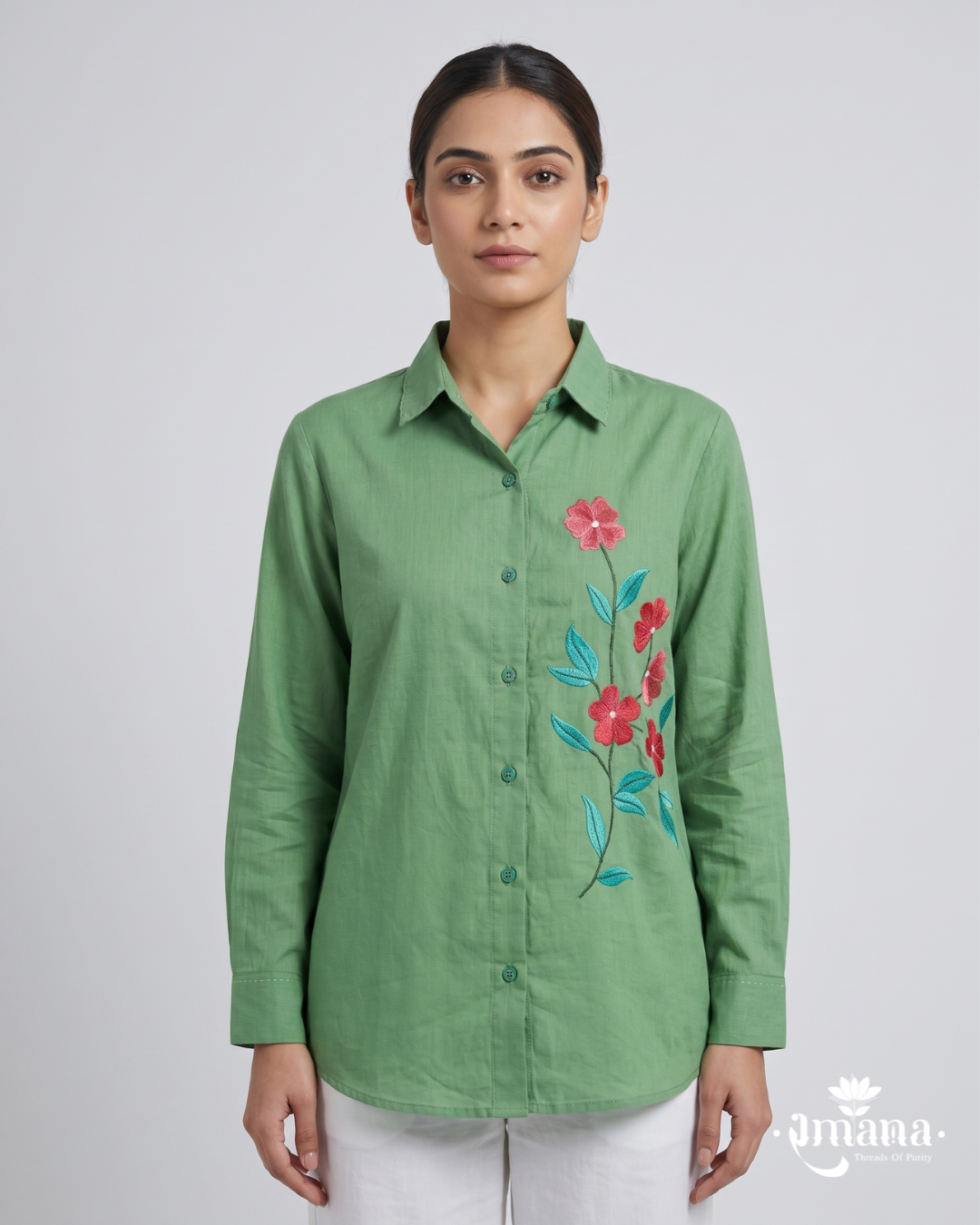Ramana Green Verdant Embroidered Cotton Shirt for Women | Premium Cotton Shirt