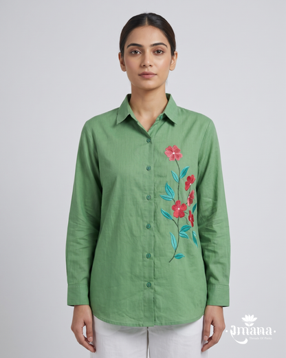 Ramana Green Verdant Embroidered Cotton Shirt for Women | Premium Cotton Shirt