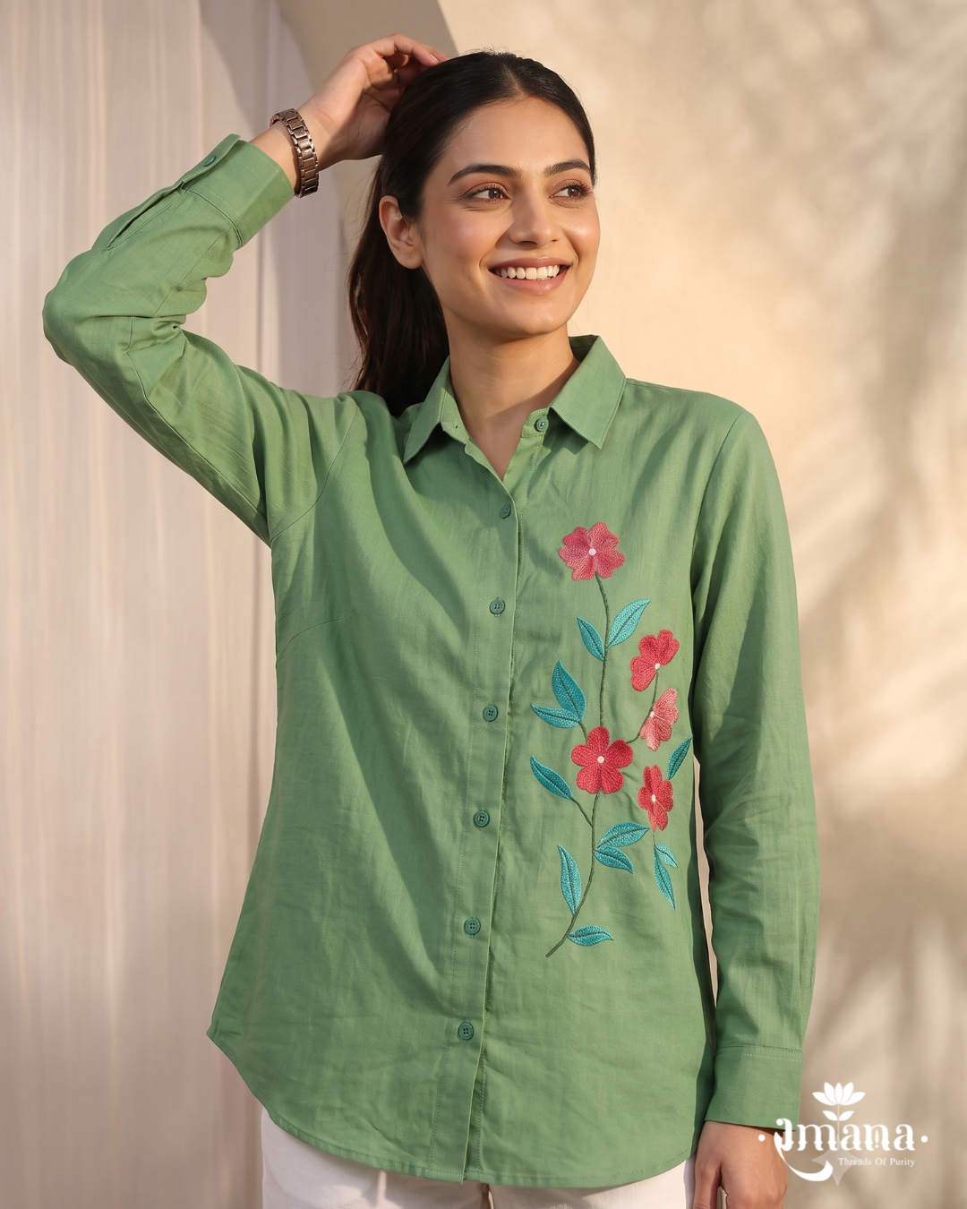 Ramana Green Verdant Embroidered Cotton Shirt for Women | Premium Cotton Shirt