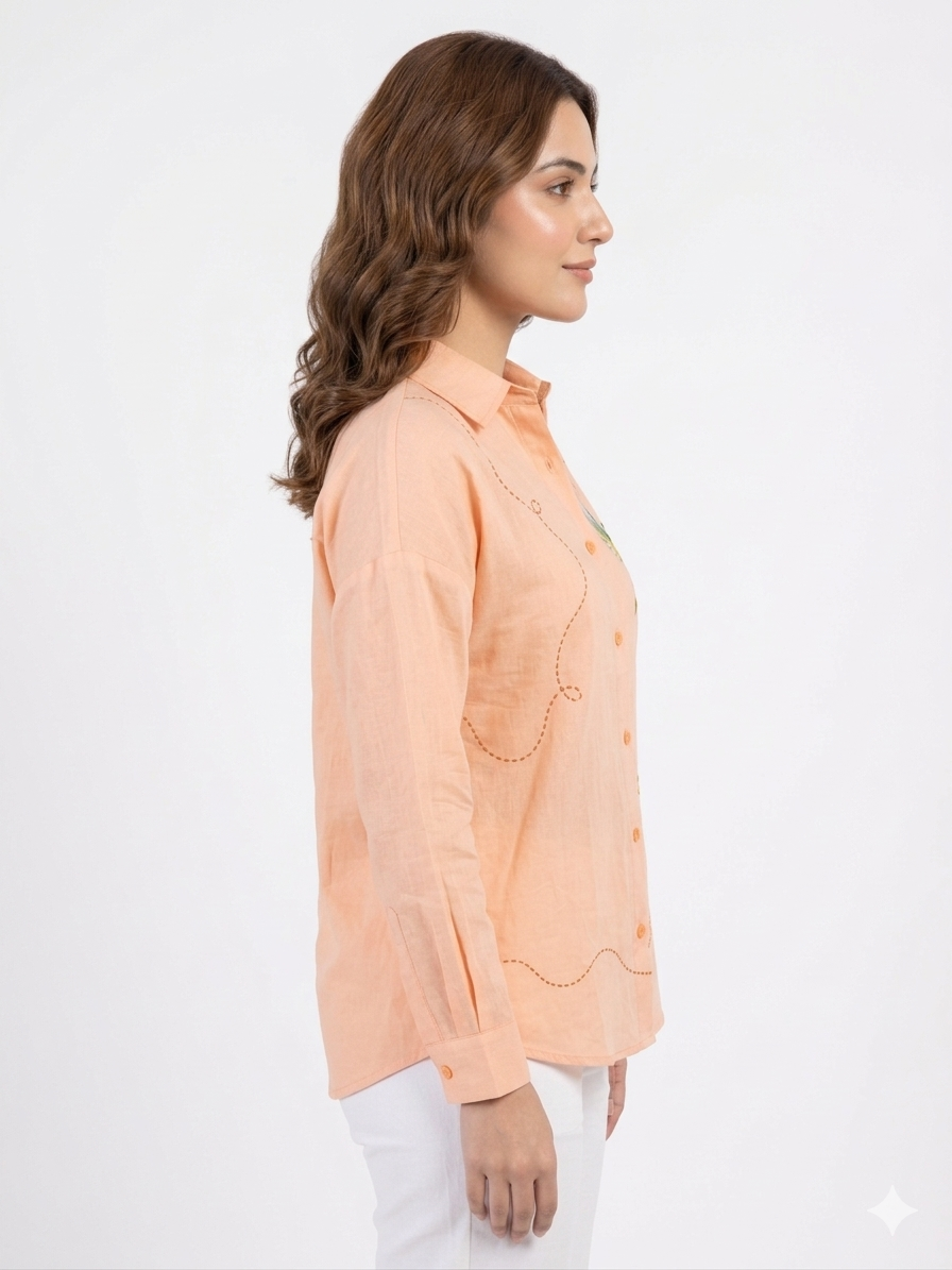 Ramana Painted Hummingbird Peach Embroidered Cotton Shirt for Women