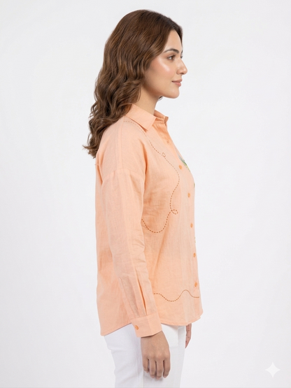 Ramana Painted Hummingbird Peach Embroidered Cotton Shirt for Women
