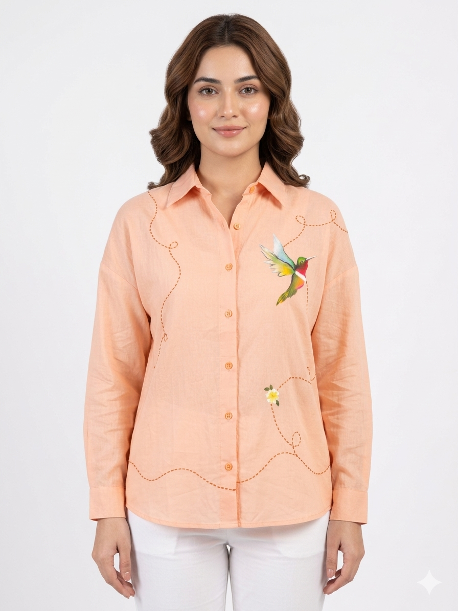 Ramana Painted Hummingbird Peach Embroidered Cotton Shirt for Women