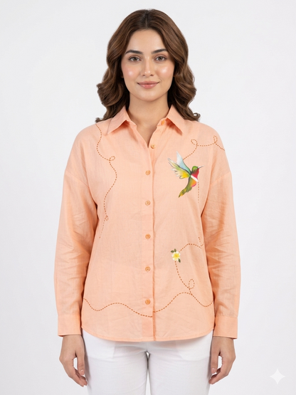 Ramana Painted Hummingbird Peach Embroidered Cotton Shirt for Women