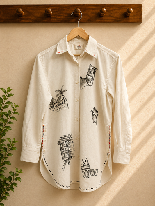 Raikani Off-White Hand-Painted Linen Shirt | Artisan Sketch Shirt | Ramana Threads of Purity
