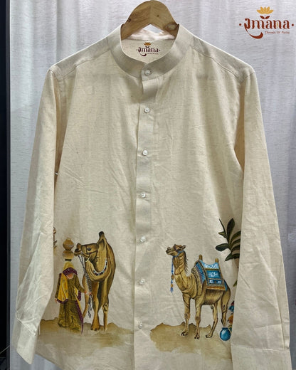 Raikani Off-White Hand-Painted Camel Linen Shirt | Artisan Handcrafted Men's Shirt | Ramana Threads of Purity