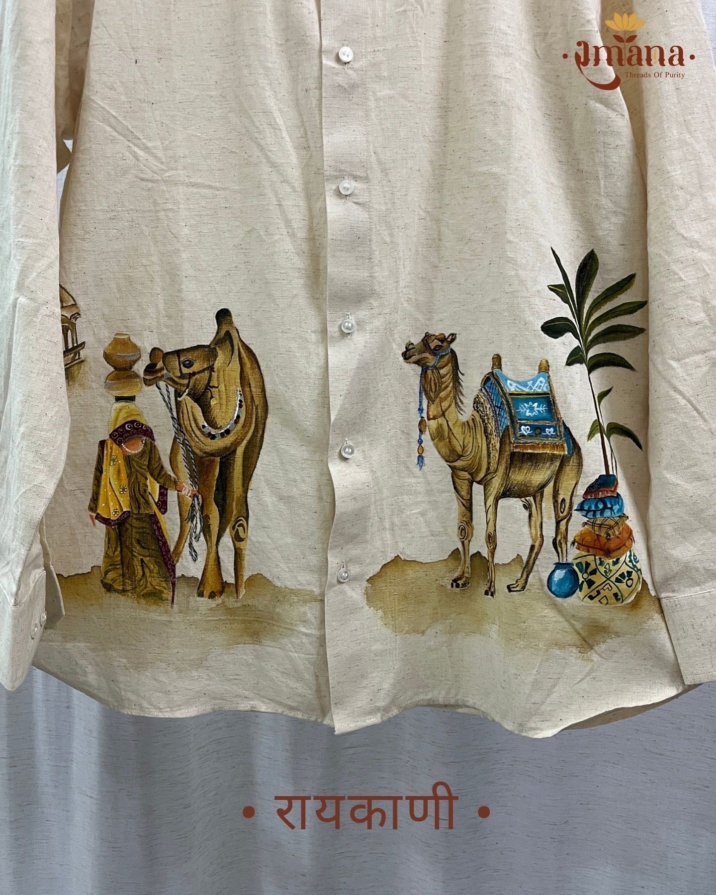 Raikani Off-White Hand-Painted Camel Linen Shirt | Artisan Handcrafted Men's Shirt | Ramana Threads of Purity