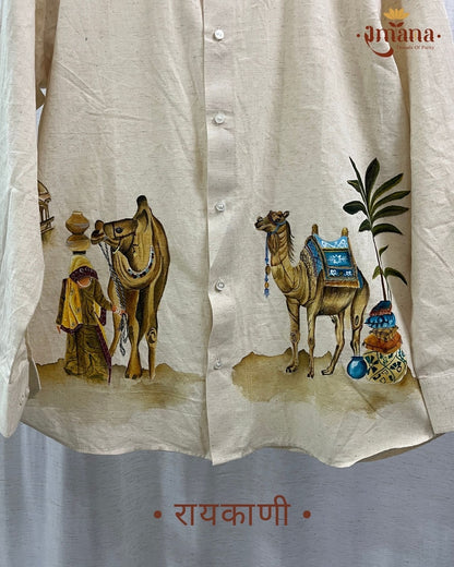 Raikani Off-White Hand-Painted Camel Linen Shirt | Artisan Handcrafted Men's Shirt | Ramana Threads of Purity