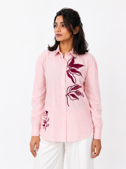 Ramana Floral Pink Embroidered Cotton Shirt for Women | Premium Cotton Shirt