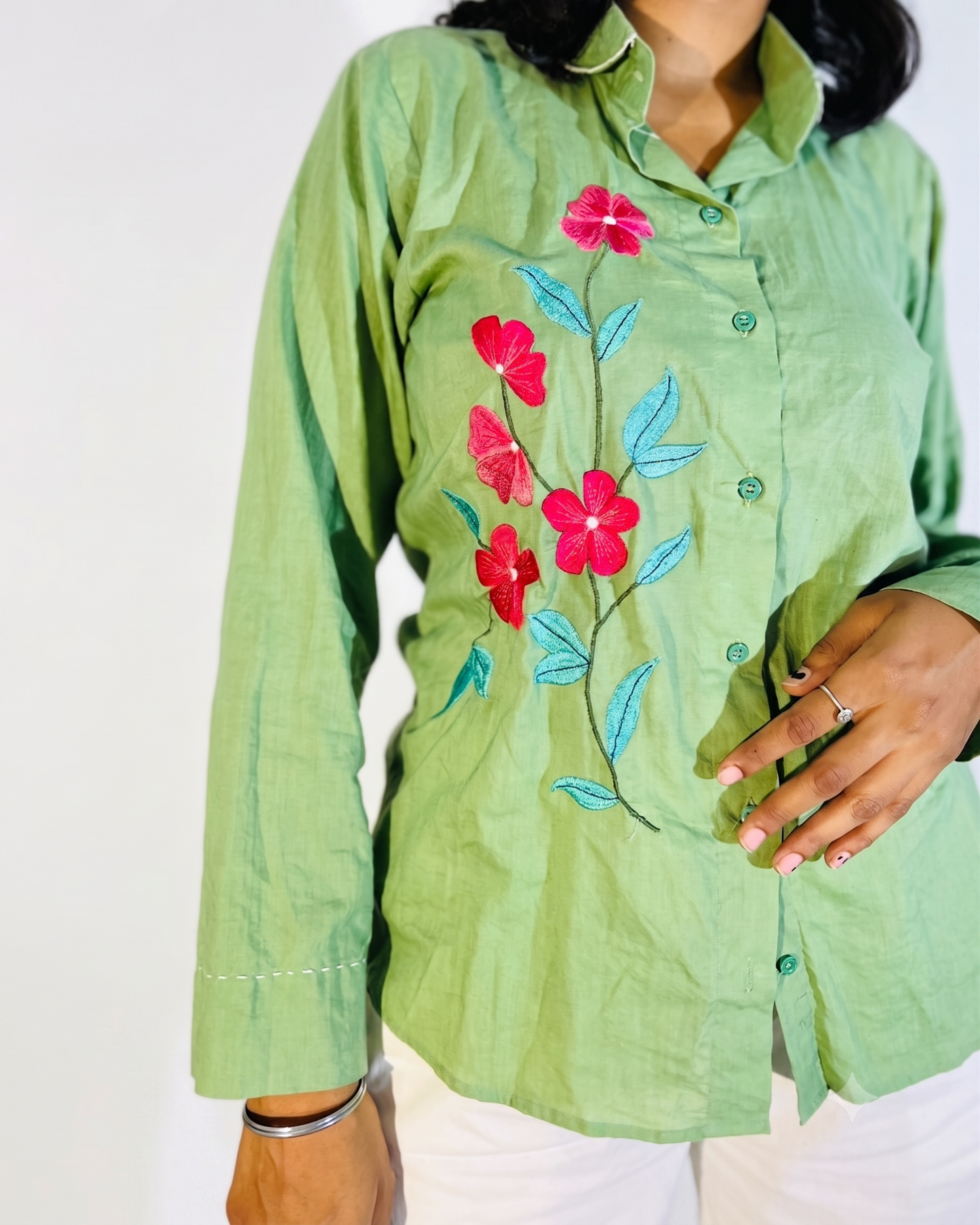 Ramana Green Verdant Embroidered Cotton Shirt for Women | Premium Cotton Shirt