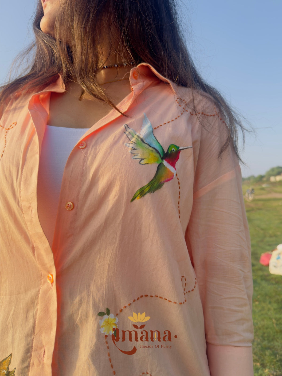 Ramana Painted Hummingbird Peach Embroidered Cotton Shirt for Women