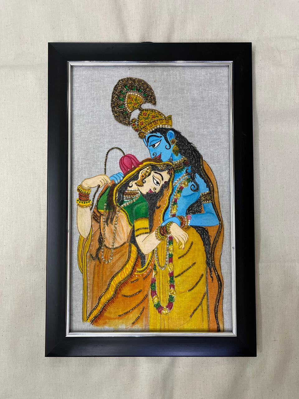 Divine Embrace – Handcrafted Radha Krishna Embroidered Textile Art | Ramana Threads of Purity