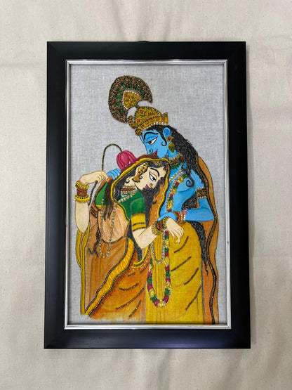 Divine Embrace – Handcrafted Radha Krishna Embroidered Textile Art | Ramana Threads of Purity