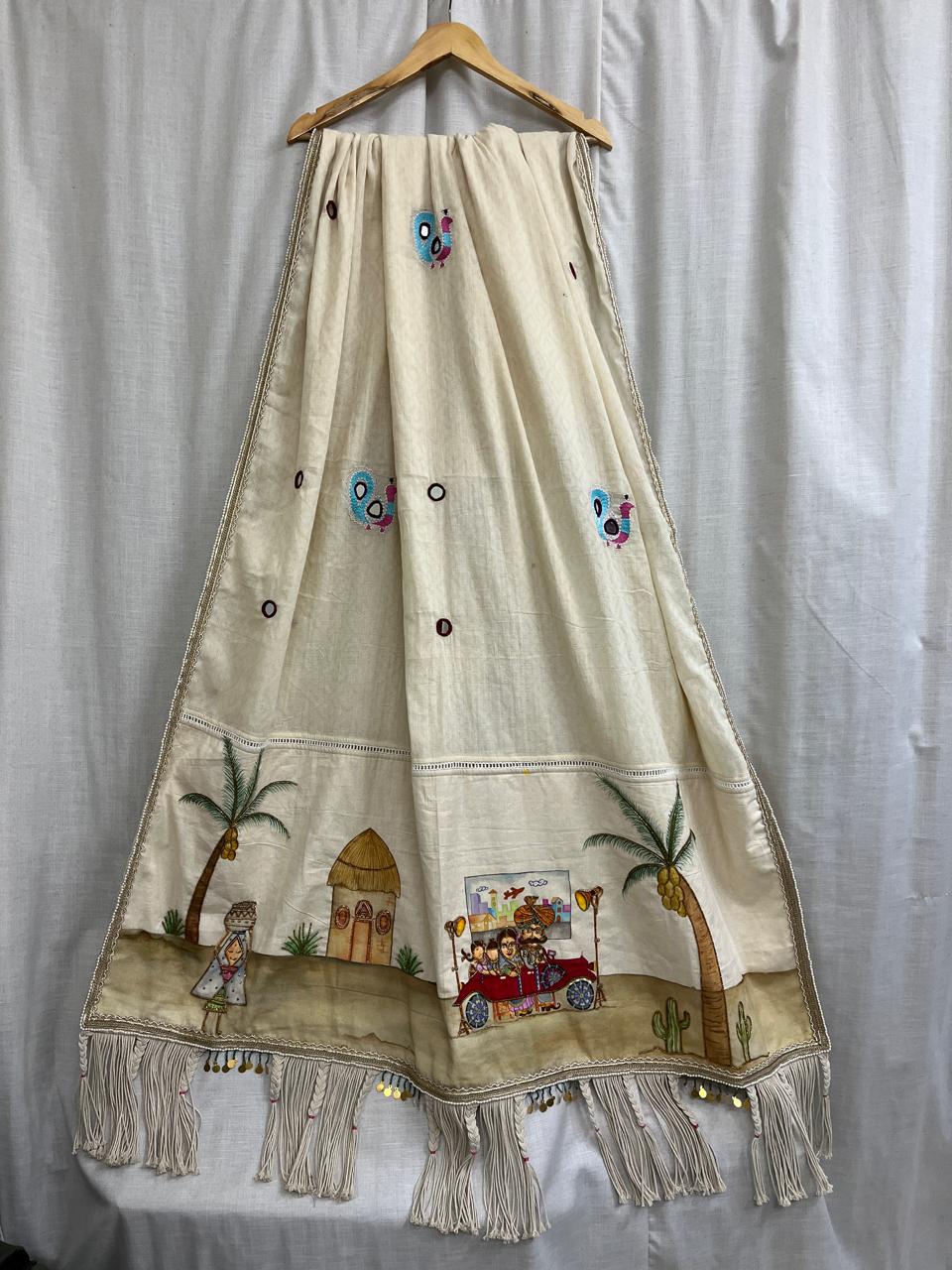Ramana Ivory Folk Art Hand Embroidered Saree | Traditional Indian Saree