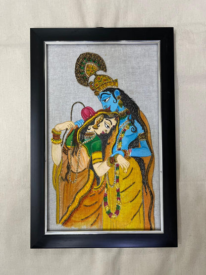 Divine Embrace – Handcrafted Radha Krishna Embroidered Textile Art | Ramana Threads of Purity