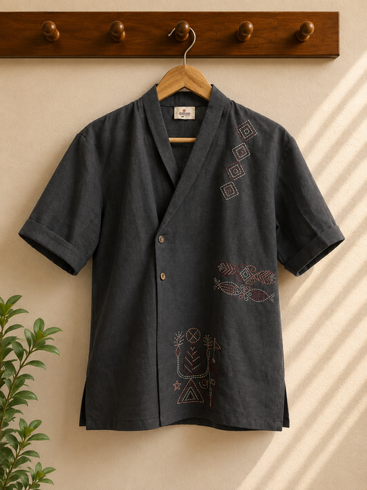 Midnight Thread Embroidered Linen Shirt | Premium Handcrafted Men's Linen Shirt | Ramana